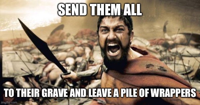 Sparta Leonidas Meme | SEND THEM ALL TO THEIR GRAVE AND LEAVE A PILE OF WRAPPERS | image tagged in memes,sparta leonidas | made w/ Imgflip meme maker
