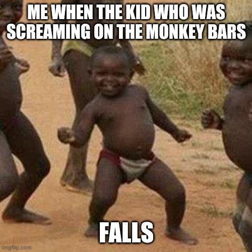Third World Success Kid Meme | ME WHEN THE KID WHO WAS SCREAMING ON THE MONKEY BARS FALLS | image tagged in memes,third world success kid | made w/ Imgflip meme maker