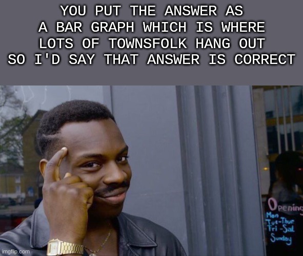 Roll Safe Think About It Meme | YOU PUT THE ANSWER AS A BAR GRAPH WHICH IS WHERE LOTS OF TOWNSFOLK HANG OUT SO I'D SAY THAT ANSWER IS CORRECT | image tagged in memes,roll safe think about it | made w/ Imgflip meme maker