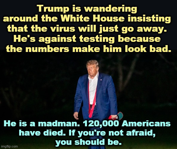Trump has collapsed under the strain. He might be finished dealing with the virus, but the virus isn’t finished with us. | Trump is wandering 
around the White House insisting 
that the virus will just go away. 
He's against testing because 
the numbers make him look bad. He is a madman. 120,000 Americans 
have died. If you're not afraid, 
you should be. | image tagged in trump,collapse,stress,insane,crazy,nuts | made w/ Imgflip meme maker