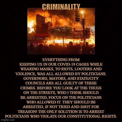 POLITICIANS ARE NOT ABOVE THE LAW | EVERYTHING FROM KEEPING US IN OUR COVID-19 CAGES WHILE WEARING MASKS, TO RIOTS, LOOTERS AND VIOLENCE, WAS ALL ALLOWED BY POLITICIANS. GOVERNORS, MAYORS, AND STATE/CITY COUNCILS ARE ALL GUILTY OF THESE CRIMES. BEFORE YOU LOOK AT THE THUGS ON THE STREETS, WHO I THINK SHOULD BE ARRESTED, FOCUS ON THE POLITICIANS WHO ALLOWED IT. THEY SHOULD BE ARRESTED, IF NOT TRIED AND SHOT FOR TREASON! THE ONLY SOLUTION IS TO ARREST POLITICIANS WHO VIOLATE OUR CONSTITUTIONAL RIGHTS. CRIMINALITY | image tagged in covid-19,masks,riots,looters,politicians,crime | made w/ Imgflip meme maker