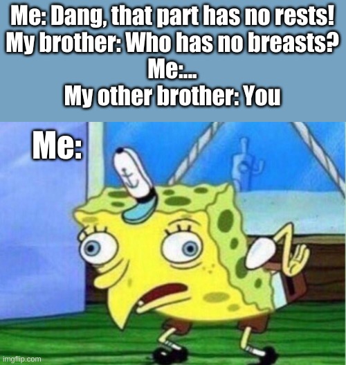 Mocking Spongebob | Me: Dang, that part has no rests!
My brother: Who has no breasts?
Me:...
My other brother: You; Me: | image tagged in memes,mocking spongebob | made w/ Imgflip meme maker