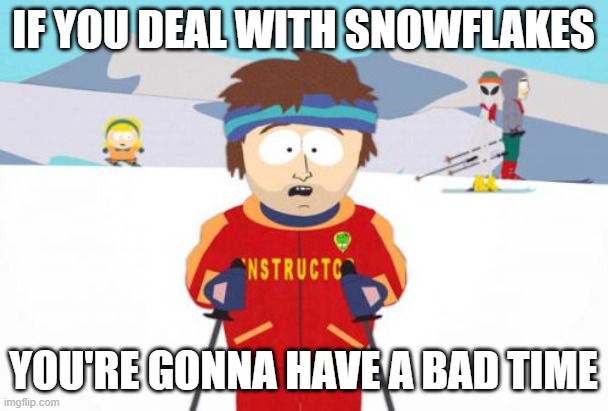 Super Cool Ski Instructor Meme | IF YOU DEAL WITH SNOWFLAKES YOU'RE GONNA HAVE A BAD TIME | image tagged in memes,super cool ski instructor | made w/ Imgflip meme maker
