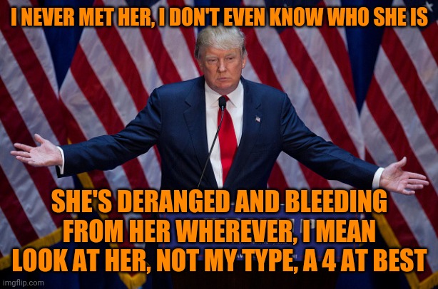 Donald Trump | I NEVER MET HER, I DON'T EVEN KNOW WHO SHE IS SHE'S DERANGED AND BLEEDING FROM HER WHEREVER, I MEAN LOOK AT HER, NOT MY TYPE, A 4 AT BEST | image tagged in donald trump | made w/ Imgflip meme maker