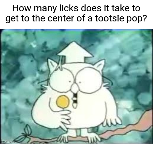 tootsie pop owl | How many licks does it take to get to the center of a tootsie pop? | image tagged in tootsie pop owl | made w/ Imgflip meme maker
