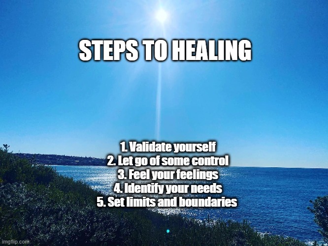 STEPS TO HEALING; 1.	Validate yourself
2.	Let go of some control
3.	Feel your feelings
4.	Identify your needs
5.	Set limits and boundaries | made w/ Imgflip meme maker