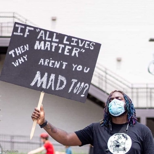 Exactly. | image tagged in if all lives matter why arent you mad too,all lives matter,black lives matter,blacklivesmatter,protest,protesters | made w/ Imgflip meme maker