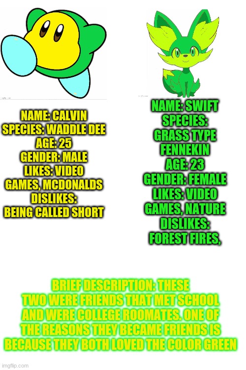 Double bio for these little green smol beans. | NAME: SWIFT
SPECIES: GRASS TYPE FENNEKIN
AGE: 23
GENDER: FEMALE
LIKES: VIDEO GAMES, NATURE
DISLIKES: FOREST FIRES, NAME: CALVIN
SPECIES: WADDLE DEE
AGE: 25
GENDER: MALE
LIKES: VIDEO GAMES, MCDONALDS
DISLIKES: BEING CALLED SHORT; BRIEF DESCRIPTION: THESE TWO WERE FRIENDS THAT MET SCHOOL AND WERE COLLEGE ROOMATES. ONE OF THE REASONS THEY BECAME FRIENDS IS BECAUSE THEY BOTH LOVED THE COLOR GREEN | image tagged in blank white template | made w/ Imgflip meme maker