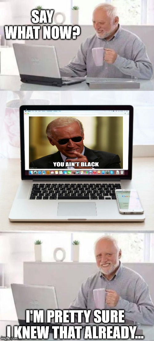 You Ain't Black | SAY WHAT NOW? I'M PRETTY SURE I KNEW THAT ALREADY... | image tagged in hide the pain harold,joe biden,you  ain't black | made w/ Imgflip meme maker