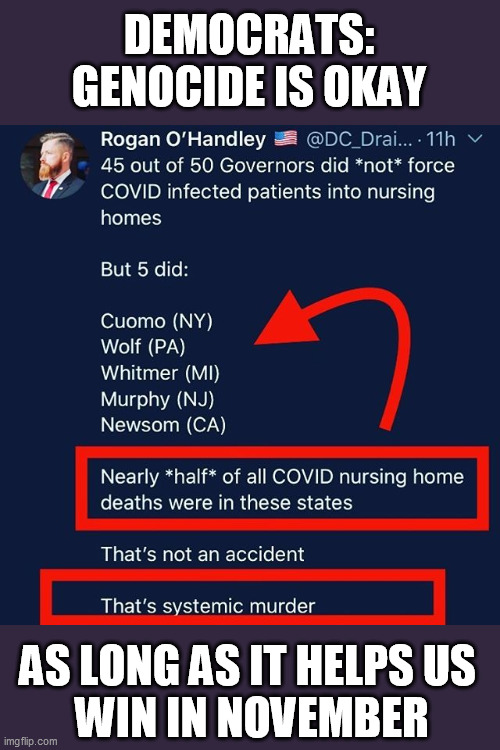 Back when I was still a Dem, this would have creeped me the eff out | DEMOCRATS:
GENOCIDE IS OKAY; AS LONG AS IT HELPS US 
WIN IN NOVEMBER | image tagged in coronavirus,covid-19,democrat murder,nursing homes,elder care facilities,ConservativeMemes | made w/ Imgflip meme maker