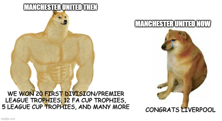 Buff united vs crying united | MANCHESTER UNITED THEN; MANCHESTER UNITED NOW; WE WON 20 FIRST DIVISION/PREMIER LEAGUE TROPHIES, 12 FA CUP TROPHIES, 5 LEAGUE CUP TROPHIES, AND MANY MORE; CONGRATS LIVERPOOL | image tagged in buff doge vs crying cheems,manchester united,liverpool | made w/ Imgflip meme maker