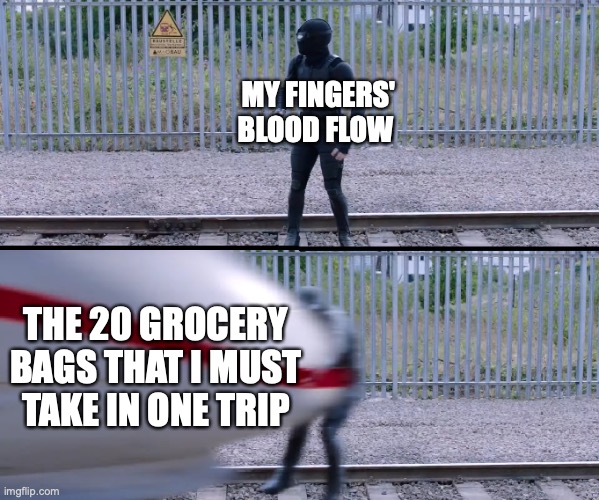 No! I won't do multiple trips! | MY FINGERS'
BLOOD FLOW; THE 20 GROCERY BAGS THAT I MUST TAKE IN ONE TRIP | image tagged in hit by train,spiderman,spider-man far from home,grocery bags all one one trip,groceries,blood flow | made w/ Imgflip meme maker
