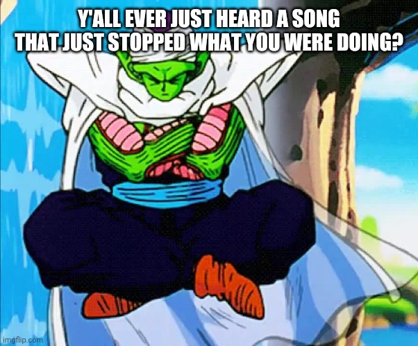 When you hear a good song | Y'ALL EVER JUST HEARD A SONG THAT JUST STOPPED WHAT YOU WERE DOING? | image tagged in music,piccolo,relatable | made w/ Imgflip meme maker