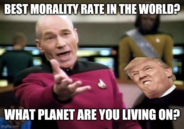 This takes the cake | BEST MORALITY RATE IN THE WORLD? WHAT PLANET ARE YOU LIVING ON? | image tagged in memes,picard wtf,donald trump,trump,coronavirus,corona virus | made w/ Imgflip meme maker