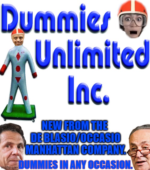 HOW CAN THIS MUCH STUPID BE THE REPRESENTATIVES FOR THIS ONE ISLAND? THE DE BLASIO/OCCASIO MANHATTAN COMPANY. | NEW FROM THE 
DE BLASIO/OCCASIO MANHATTAN COMPANY. DUMMIES IN ANY OCCASION. | image tagged in bill de blasio,andrew cuomo,shmuck tumor,ocassional carsex,manhattan,lower wattage bulbs | made w/ Imgflip meme maker