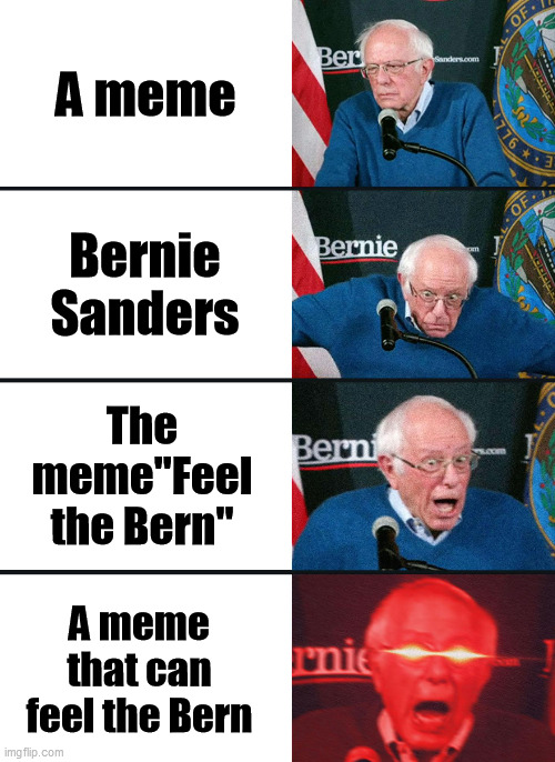 A meme that can   F E E L   T H E   B E R N | A meme; Bernie Sanders; The meme"Feel the Bern"; A meme that can feel the Bern | image tagged in bernie sanders reaction nuked | made w/ Imgflip meme maker