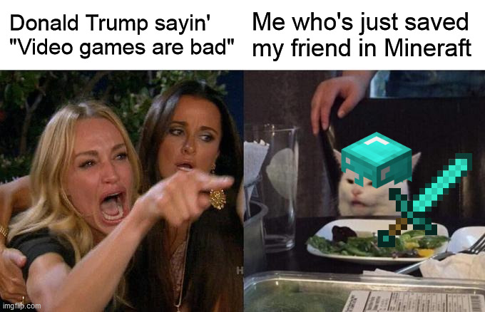 Minecraft is B A D | Donald Trump sayin' "Video games are bad"; Me who's just saved my friend in Mineraft | image tagged in memes,woman yelling at cat | made w/ Imgflip meme maker