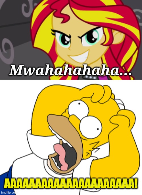 Sunset Scares Homer | Mwahahahaha... AAAAAAAAAAAAAAAAAAAAA! | image tagged in memes,homer simpson,sunset shimmer,funny,my little pony,simpsons | made w/ Imgflip meme maker