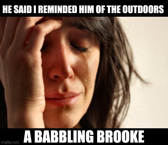 First World Problems | HE SAID I REMINDED HIM OF THE OUTDOORS; A BABBLING BROOKE | image tagged in memes,first world problems | made w/ Imgflip meme maker