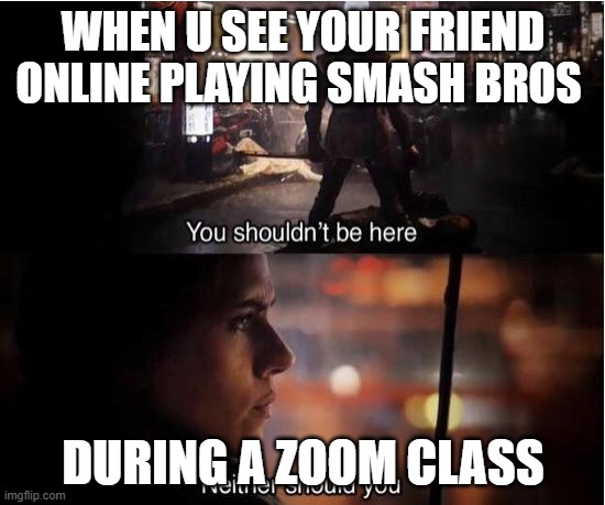 You shouldn't be here, Neither should you | WHEN U SEE YOUR FRIEND ONLINE PLAYING SMASH BROS; DURING A ZOOM CLASS | image tagged in you shouldn't be here neither should you | made w/ Imgflip meme maker