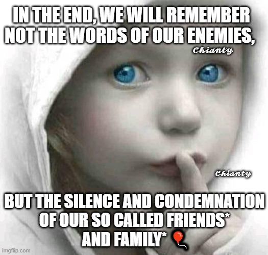 In the End | 𝓒𝓱𝓲𝓪𝓷𝓽𝔂; IN THE END, WE WILL REMEMBER NOT THE WORDS OF OUR ENEMIES, 𝓒𝓱𝓲𝓪𝓷𝓽𝔂; BUT THE SILENCE AND CONDEMNATION
OF OUR SO CALLED FRIENDS*
 AND FAMILY* 🎈 | image tagged in remember | made w/ Imgflip meme maker