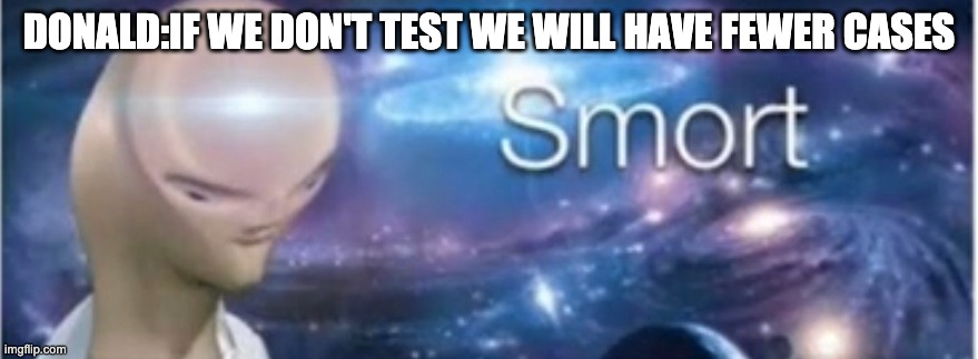 smort trump | DONALD:IF WE DON'T TEST WE WILL HAVE FEWER CASES | image tagged in meme man smort | made w/ Imgflip meme maker