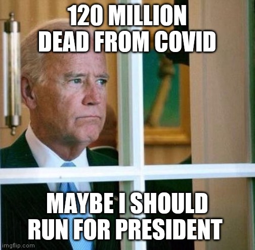 Sleepy Joe's newest gaffe | 120 MILLION DEAD FROM COVID; MAYBE I SHOULD RUN FOR PRESIDENT | image tagged in sad joe biden | made w/ Imgflip meme maker