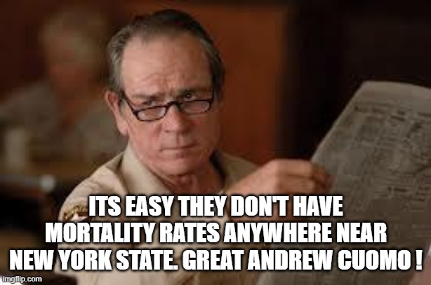 no country for old men tommy lee jones | ITS EASY THEY DON'T HAVE MORTALITY RATES ANYWHERE NEAR NEW YORK STATE. GREAT ANDREW CUOMO ! | image tagged in no country for old men tommy lee jones | made w/ Imgflip meme maker