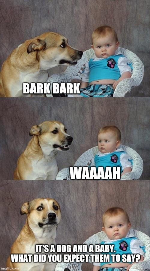 Seriously | BARK BARK; WAAAAH; IT'S A DOG AND A BABY. WHAT DID YOU EXPECT THEM TO SAY? | image tagged in memes,dad joke dog | made w/ Imgflip meme maker