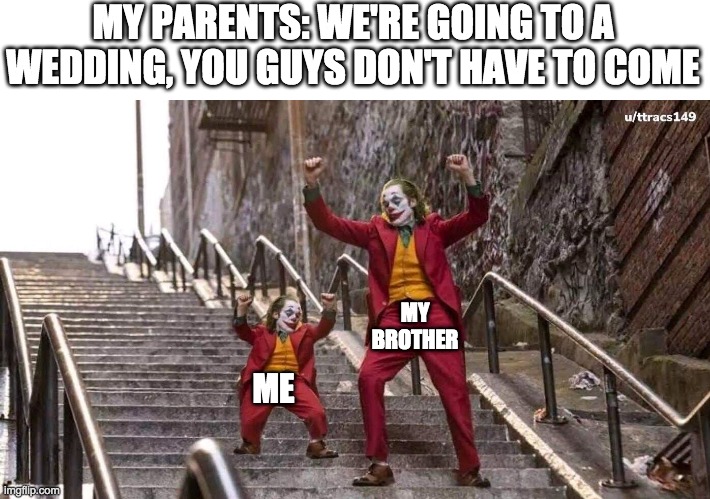We've seized the house!!! | MY PARENTS: WE'RE GOING TO A WEDDING, YOU GUYS DON'T HAVE TO COME; MY BROTHER; ME | image tagged in joker and mini joker,party time | made w/ Imgflip meme maker