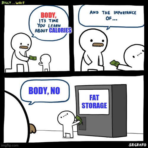 Billy no | BODY, CALORIES; BODY, NO; FAT STORAGE | image tagged in billy no | made w/ Imgflip meme maker