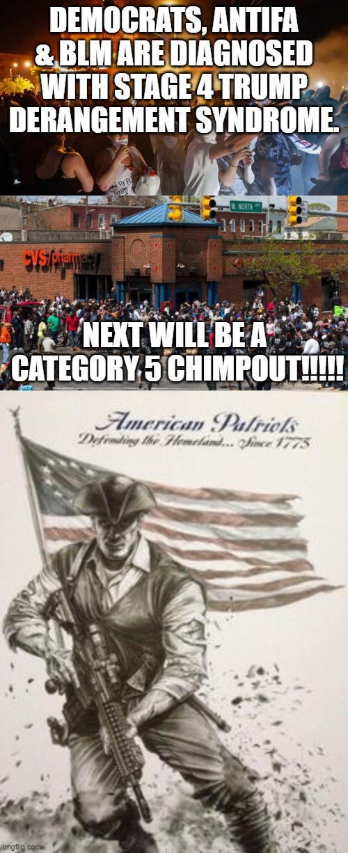 DEMOCRATS, ANTIFA & BLM ARE DIAGNOSED WITH STAGE 4 TRUMP DERANGEMENT SYNDROME. NEXT WILL BE A  CATEGORY 5 CHIMPOUT!!!!! | image tagged in baltimore riots,modern american patriot,riotersnodistancing | made w/ Imgflip meme maker