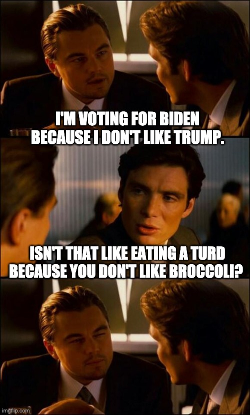 Same logic | I'M VOTING FOR BIDEN BECAUSE I DON'T LIKE TRUMP. ISN'T THAT LIKE EATING A TURD BECAUSE YOU DON'T LIKE BROCCOLI? | image tagged in di caprio inception | made w/ Imgflip meme maker