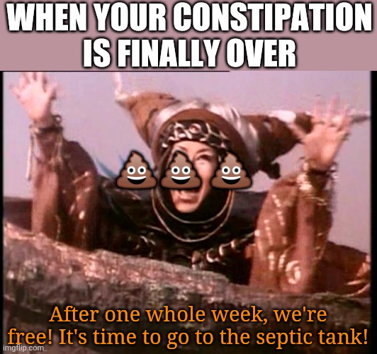 Rita Repulsa | WHEN YOUR CONSTIPATION IS FINALLY OVER; 💩💩 💩; After one whole week, we're free! It's time to go to the septic tank! | image tagged in rita repulsa,poop,constipation,crap,toilet humor,power rangers | made w/ Imgflip meme maker