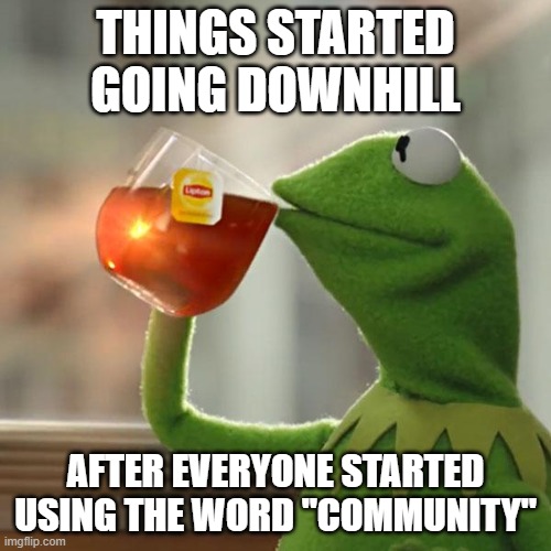 But That's None Of My Business Meme | THINGS STARTED GOING DOWNHILL; AFTER EVERYONE STARTED USING THE WORD "COMMUNITY" | image tagged in memes,but that's none of my business,kermit the frog | made w/ Imgflip meme maker