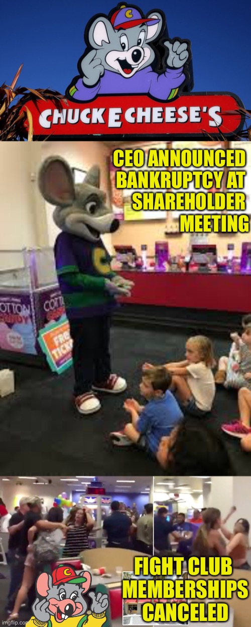 In The News | CEO ANNOUNCED 
BANKRUPTCY AT 
SHAREHOLDER 
MEETING; FIGHT CLUB 
MEMBERSHIPS CANCELED | image tagged in chuck e cheese,fights,bankrupt,news | made w/ Imgflip meme maker