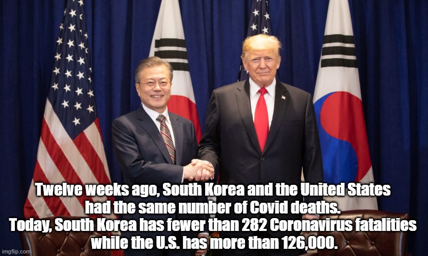  Twelve weeks ago, South Korea and the United States 
had the same number of Covid deaths. 
Today, South Korea has fewer than 282 Coronavirus fatalities 
while the U.S. has more than 126,000. | made w/ Imgflip meme maker