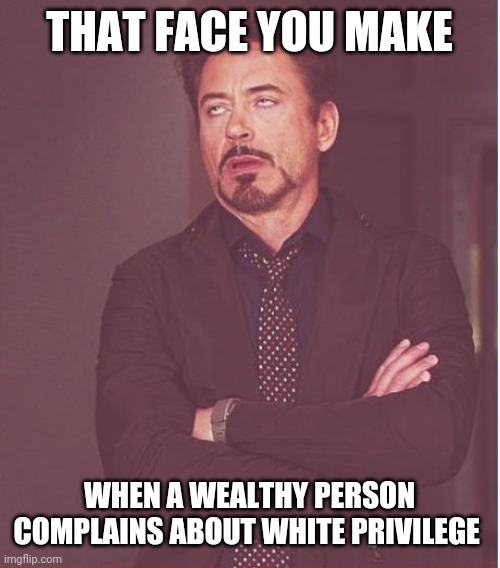 Oh, the irony | THAT FACE YOU MAKE; WHEN A WEALTHY PERSON COMPLAINS ABOUT WHITE PRIVILEGE | image tagged in memes,face you make robert downey jr,white privilege | made w/ Imgflip meme maker