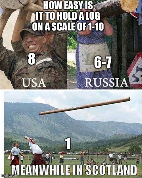 W O W | HOW EASY IS IT TO HOLD A LOG ON A SCALE OF 1-10; 8; 6-7; 1 | image tagged in memes,funny | made w/ Imgflip meme maker