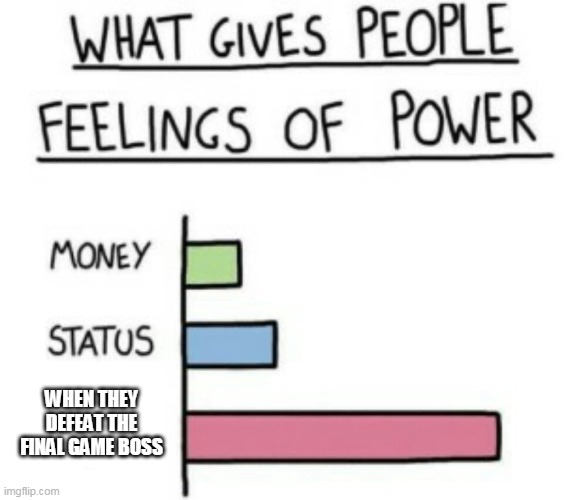 what gives people feelings of games | WHEN THEY DEFEAT THE FINAL GAME BOSS | image tagged in what gives people feelings of power,video games,games | made w/ Imgflip meme maker