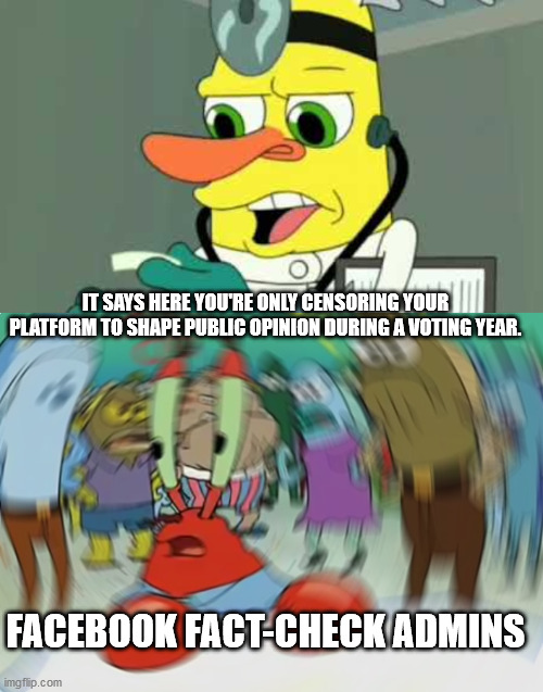 IT SAYS HERE YOU'RE ONLY CENSORING YOUR PLATFORM TO SHAPE PUBLIC OPINION DURING A VOTING YEAR. FACEBOOK FACT-CHECK ADMINS | image tagged in memes,mr krabs blur meme | made w/ Imgflip meme maker
