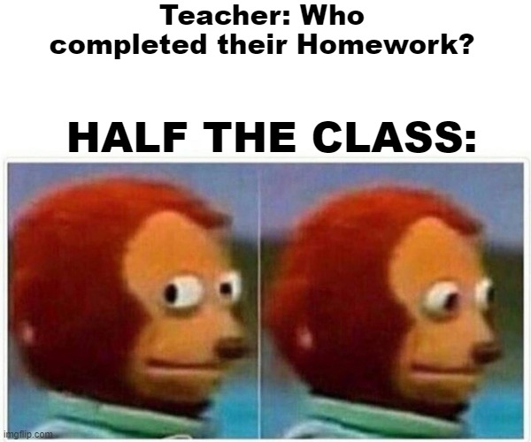 Monkey Puppet Meme | Teacher: Who completed their Homework? HALF THE CLASS: | image tagged in memes,monkey puppet,school meme | made w/ Imgflip meme maker