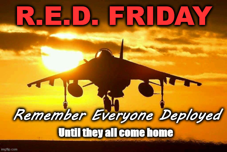 fri | R.E.D. FRIDAY; Remember Everyone Deployed; Until they all come home | image tagged in fri | made w/ Imgflip meme maker