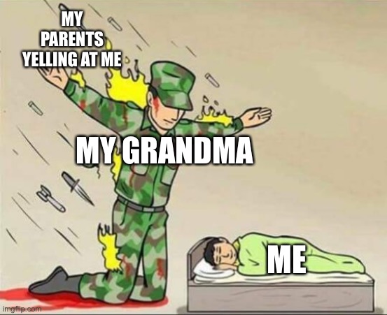Soldier protecting sleeping child | MY PARENTS YELLING AT ME; MY GRANDMA; ME | image tagged in soldier protecting sleeping child | made w/ Imgflip meme maker