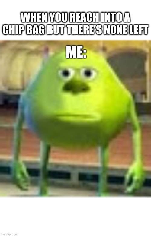 Reality is disappointing sometimes | WHEN YOU REACH INTO A CHIP BAG BUT THERE’S NONE LEFT; ME: | image tagged in sully wazowski | made w/ Imgflip meme maker