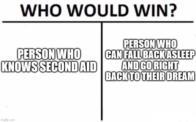 Who Would Win? | PERSON WHO CAN FALL BACK ASLEEP AND GO RIGHT BACK TO THEIR DREAM; PERSON WHO KNOWS SECOND AID | image tagged in memes,who would win | made w/ Imgflip meme maker