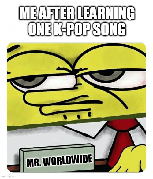 Spongebob Name tag | ME AFTER LEARNING ONE K-POP SONG; MR. WORLDWIDE | image tagged in spongebob name tag | made w/ Imgflip meme maker