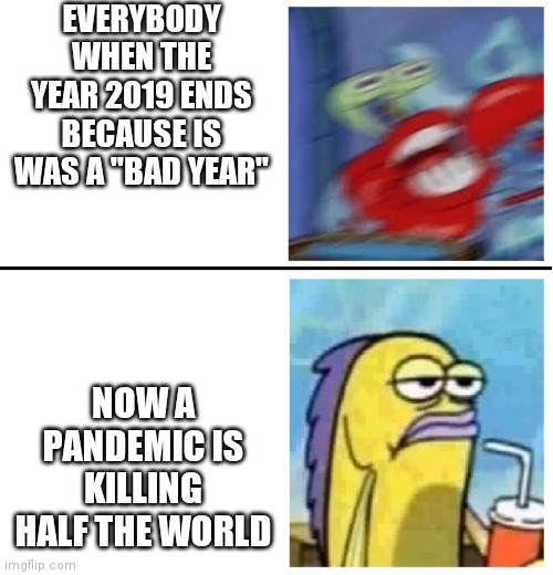 Excited vs Bored | EVERYBODY WHEN THE YEAR 2019 ENDS BECAUSE IS WAS A "BAD YEAR"; NOW A PANDEMIC IS KILLING HALF THE WORLD | image tagged in excited vs bored | made w/ Imgflip meme maker