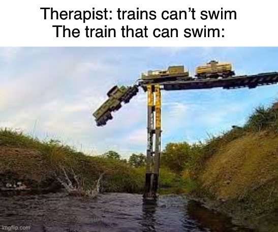 crashing train | Therapist: trains can’t swim
The train that can swim: | image tagged in crashing train | made w/ Imgflip meme maker