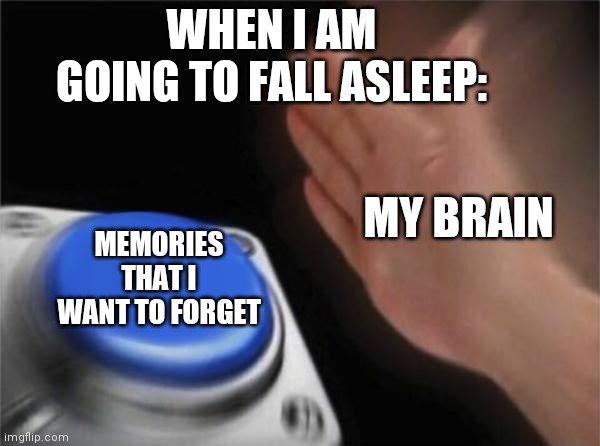 sLeEp | WHEN I AM GOING TO FALL ASLEEP:; MY BRAIN; MEMORIES THAT I WANT TO FORGET | image tagged in memes,blank nut button | made w/ Imgflip meme maker
